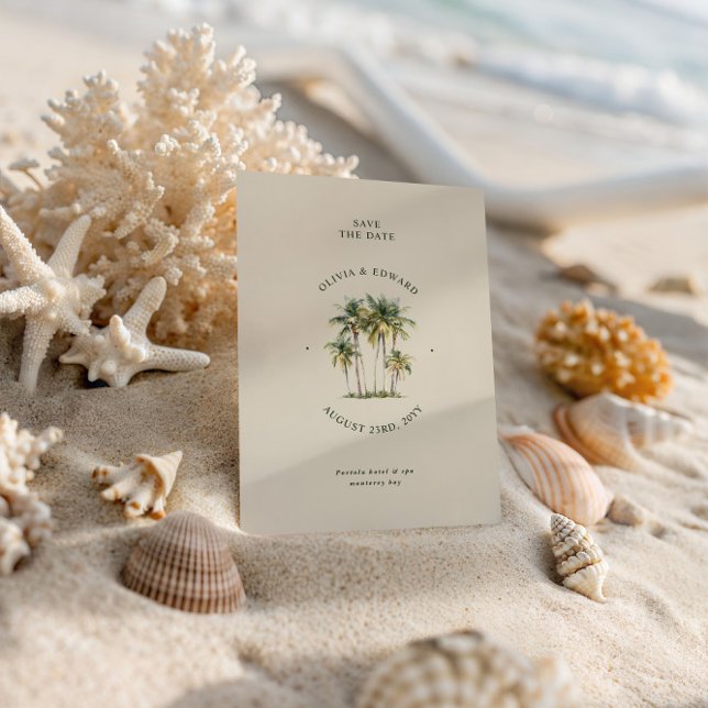 Save The Date Palm Tree Destination Elegant Coastal Wedding (Créateur téléchargé)