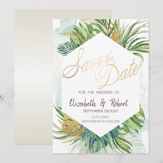 Save The Date Palm Tropical Feuilles Été Enregistrer La Date (Devant / Derrière)