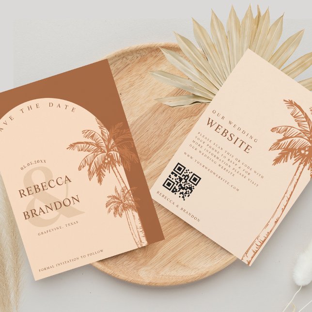 Save The Date Palmier Boho Plage Terracotta Code QR Mariage (Créateur téléchargé)