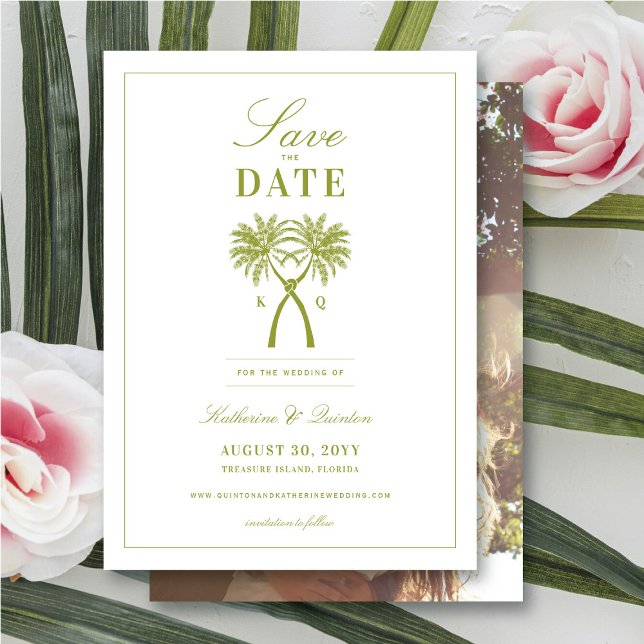 Save The Date Palmiers noués Destination Tropicale Mariage (Knotted Palm Trees Tropical Wedding Save The Date Photo Announcement Card @ fatfatin_blue_knot)