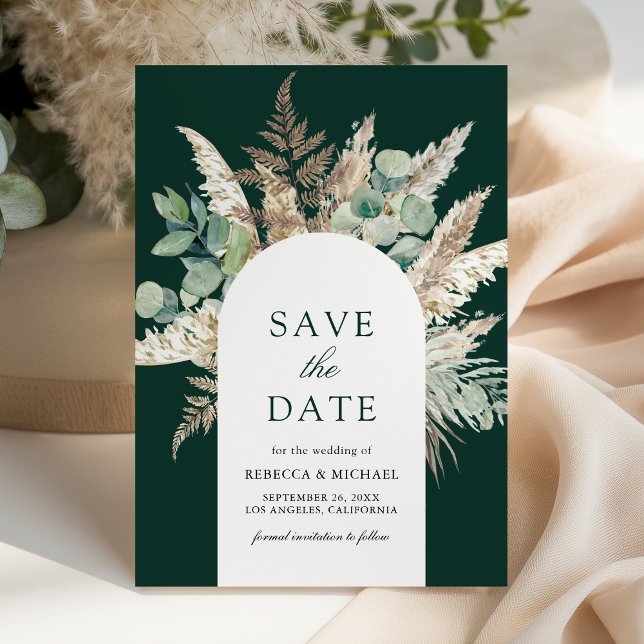 Save The Date Pampas Eucalyptus Arch Emerald Green Wedding (Créateur téléchargé)