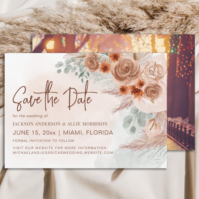 Save The Date Pampas Rustique Mariage en terracotta en laiton (Pampas grass wedding Save the Date photo card)