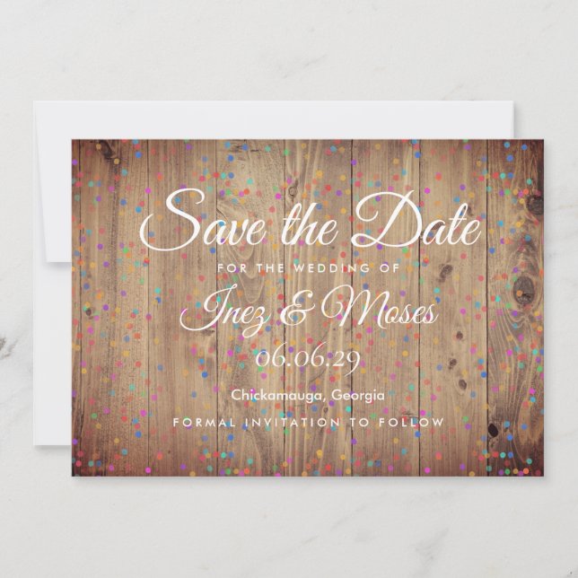 Save The Date Panneaux en bois rustique Rainbow Confetti Enregis (Devant)