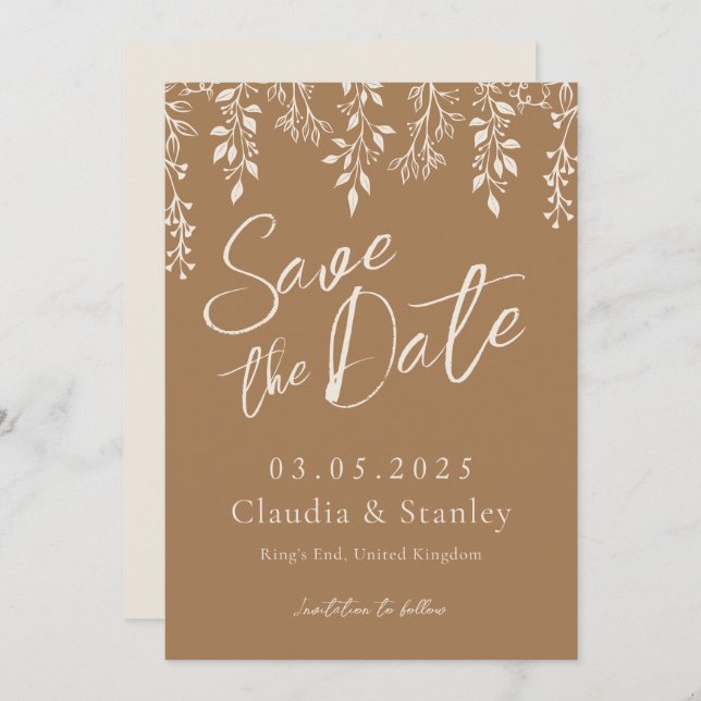 Save The Date Pansement Florales Feuillage Chaud Beige Boho Term (Devant / Derrière)