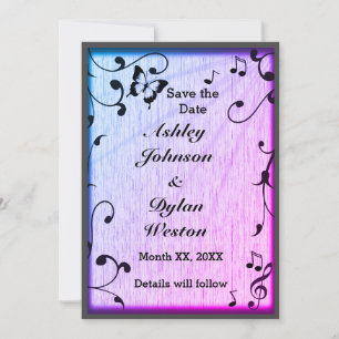 Save The Date Papillon de musique Feuilles Bleu & Violet Bois Ma