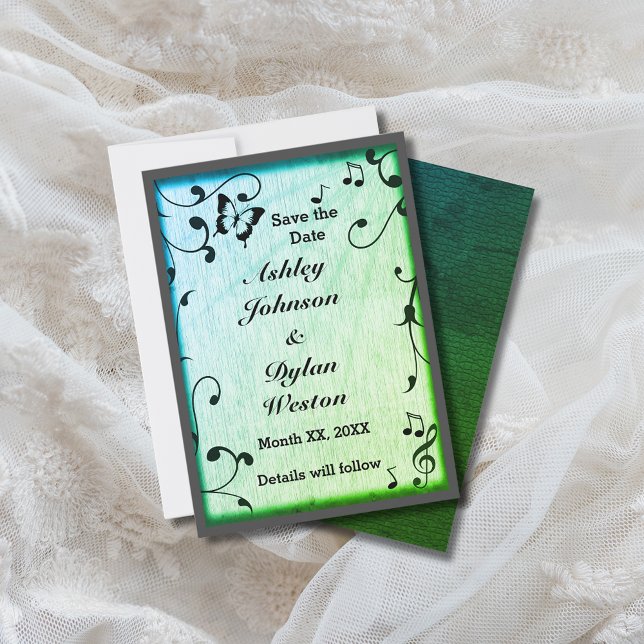Save The Date Papillon de musique Feuilles Bois vert Mariage (Music Butterfly Leaves Green Wood Wedding Save The Date)