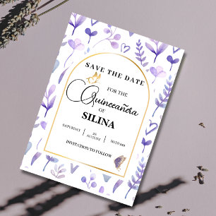 Save The Date Papillon Quinceañera en or violet de lavande