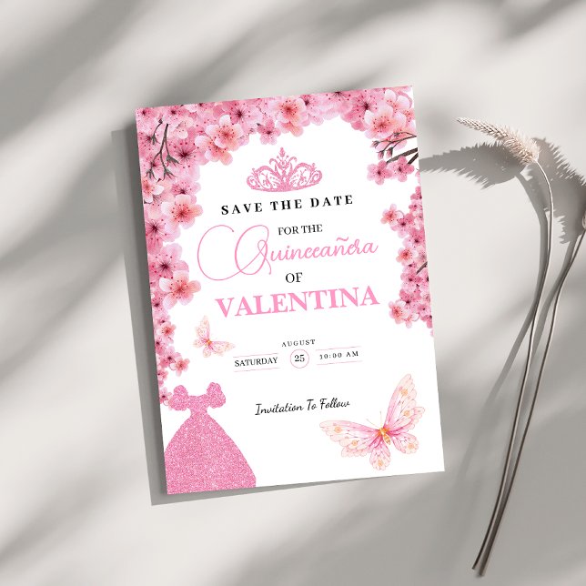 Save The Date Papillon rose floral Quinceañera aux fleurs de cer (Créateur téléchargé)