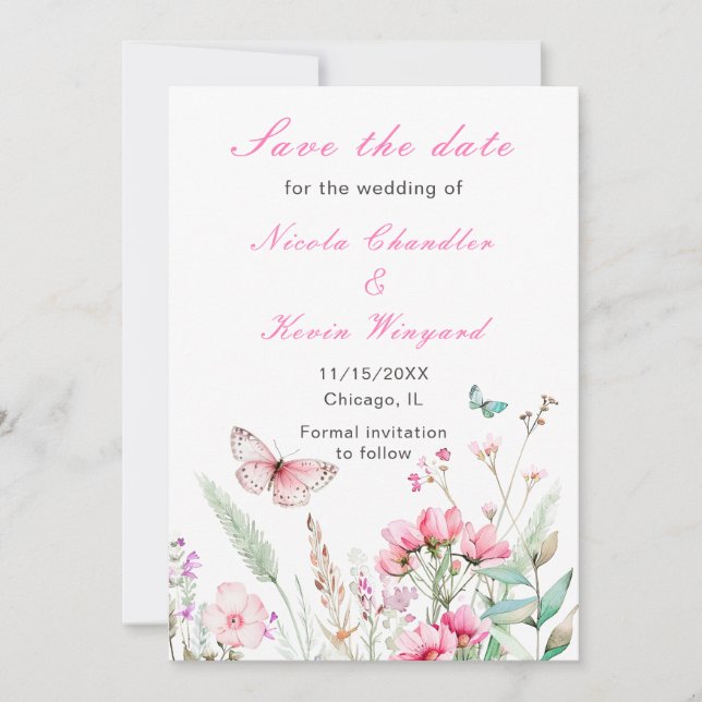 Save The Date Papillon rose printanier Mariage floral (Devant)