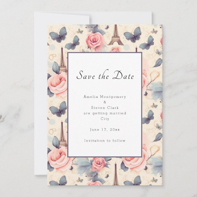 Save The Date Papillon Tour Eiffel et Mariage Motif Rose (Devant)