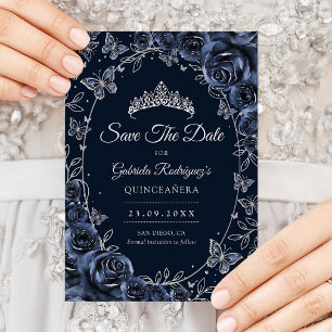 Save The Date Papillons argentés Navy Roses Quinceanera
