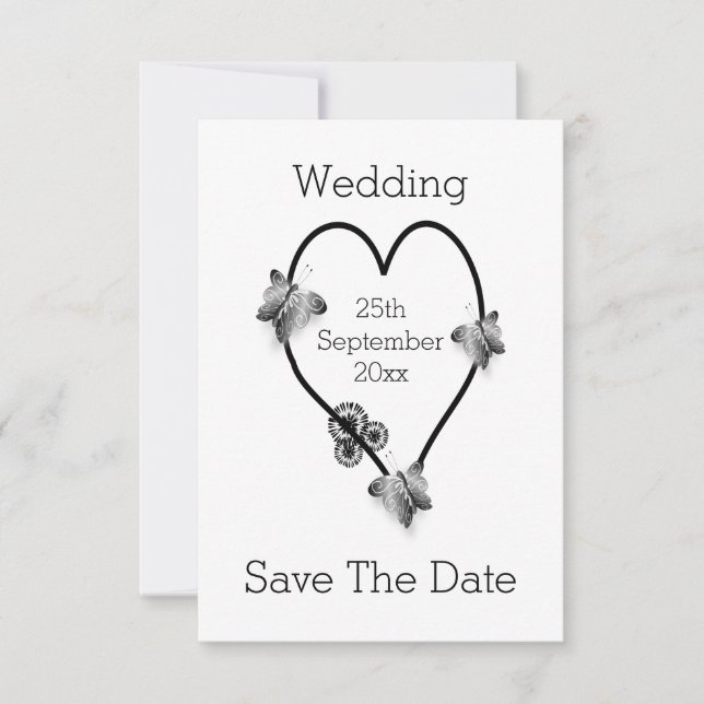 Save The Date Papillons Coeur Noir Et Blanc Enregistrer La Date (Devant)