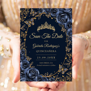 Save The Date Papillons dorés de la Marine Roses Quinceanera