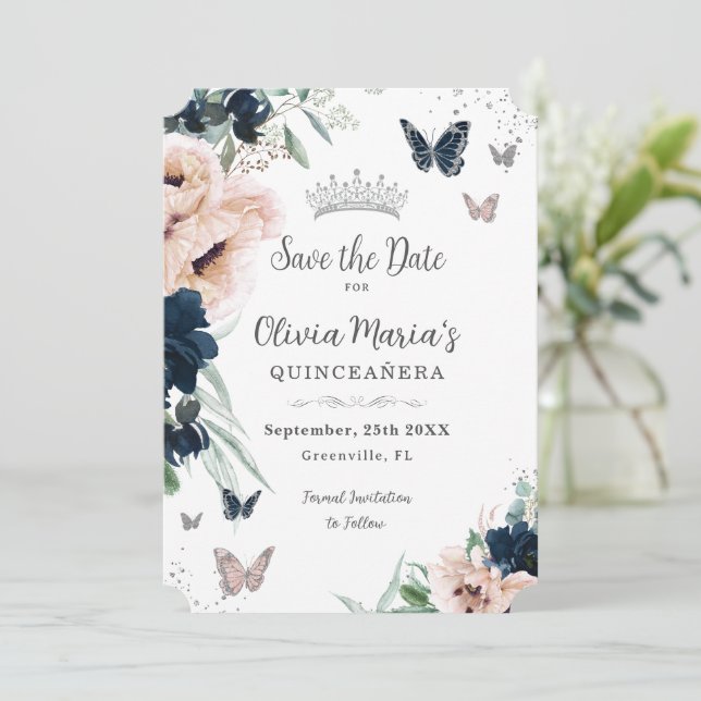 Save The Date Papillons florale Blush Quinceañera (Debout devant)