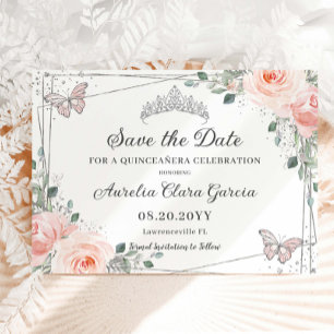 Save The Date Papillons Floraux rose pâle Quinceañera Sweet 16