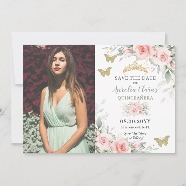 Save The Date Papillons floraux verts de Sage Blanc Quinceañera (Devant)