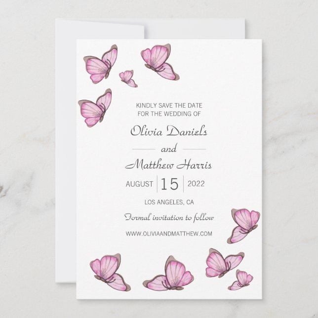 Save The Date Papillons rose aquarelle. Enregistrer la date du m (Devant)