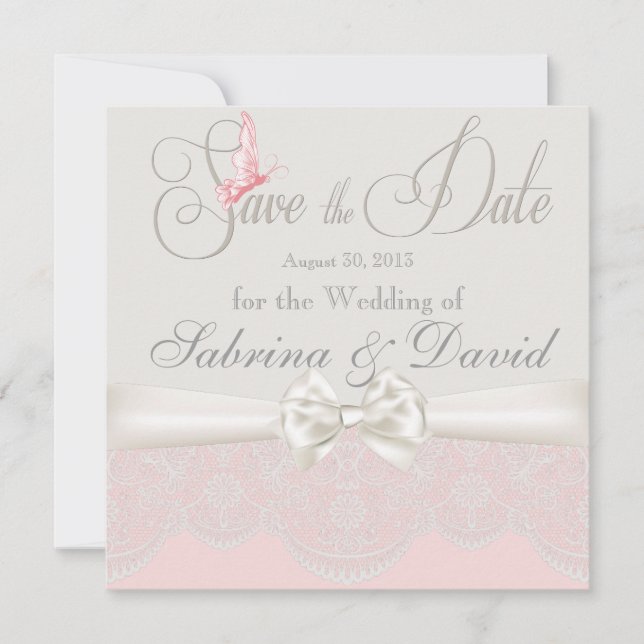 Save The Date Papillons roses et ivoire et dentelle Enregistrer  (Devant)