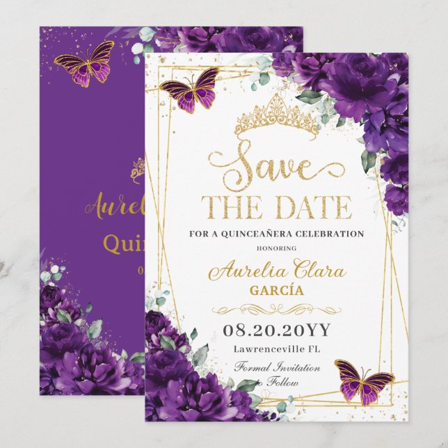 Save The Date Papillons Violet Foncé Or Quinceanera Douce 16 (Devant / Derrière)