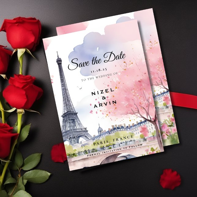 Save The Date Paris France Aquarelle romantique Tour Eiffel rose (Créateur téléchargé)