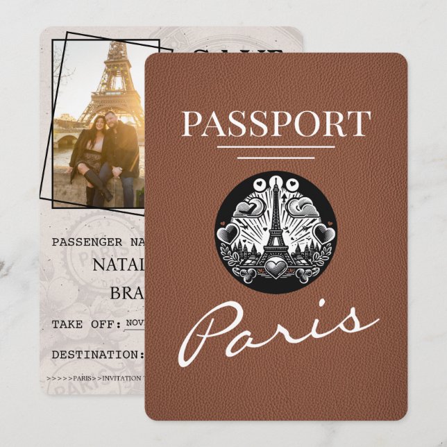 Save The Date Paris Passport Brown Enregistrer La Date (Devant / Derrière)