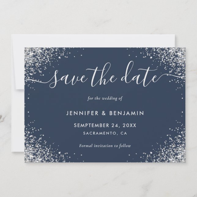 Save The Date Parties scintillant bleu marine moderne et Mariage (Devant)
