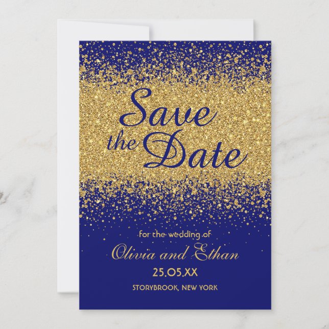 Save The Date Parties scintillant Classy Gold sur Royal Blue (Devant)