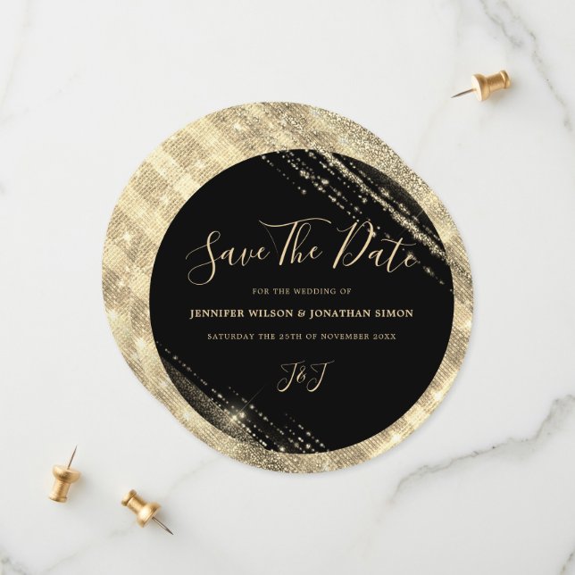 Save The Date Parties scintillant d'or Enregistrer la date Invit (Devant/Arrière en situation)