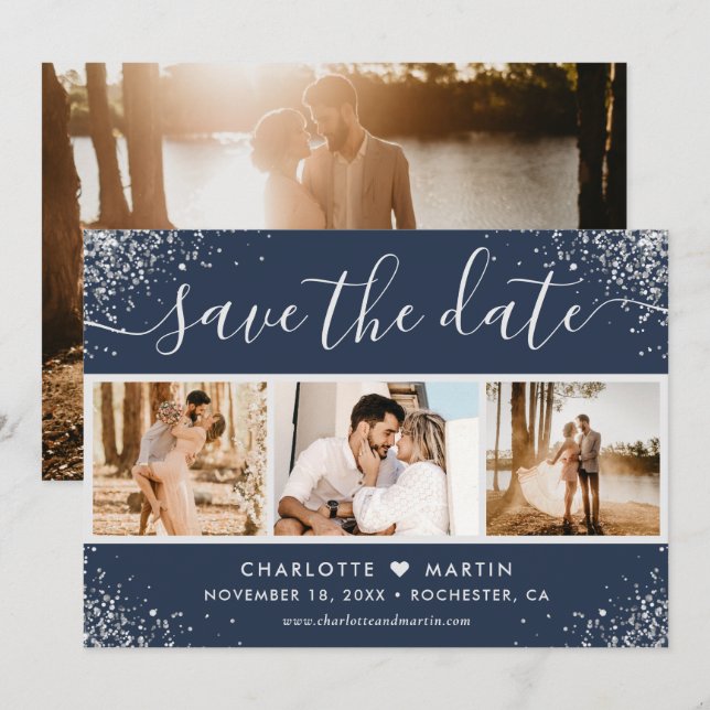 Save The Date Parties scintillant en argent bleu marine Confetti (Devant / Derrière)