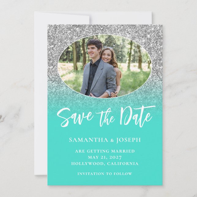 Save The Date Parties scintillant en argent Turquoise Ombre Oval (Devant)
