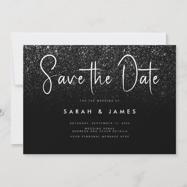 Save The Date Parties scintillant noire moderne Mariage chic Enr (Devant)