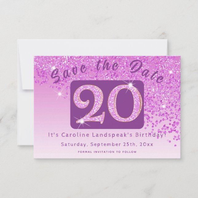 Save The Date Parties scintillant rose brillant pour 20e anniver (Devant)