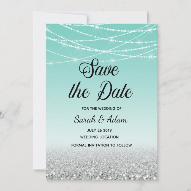 Save The Date Parties scintillant turquoise et Argent Enregistre (Devant)
