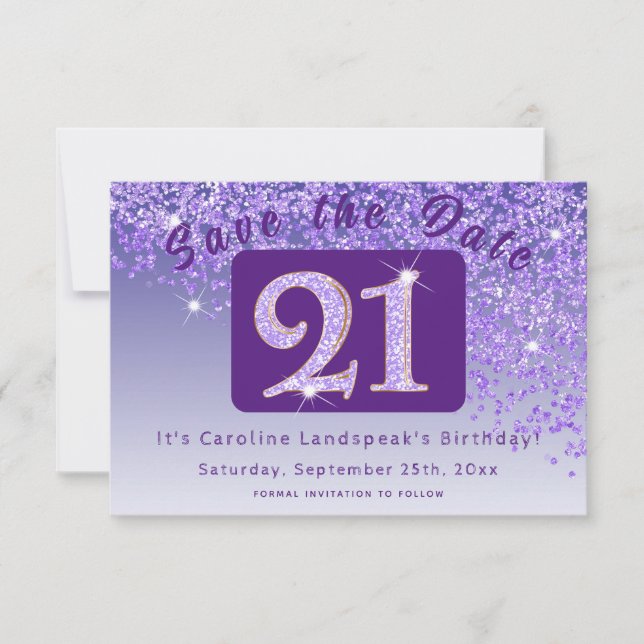 Save The Date Parties scintillant violette brillante pour 21e an (Devant)