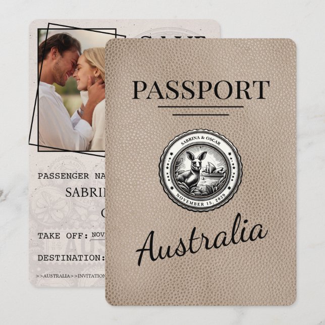 Save The Date Passeport Australie Beige Enregistrer La Date (Devant / Derrière)