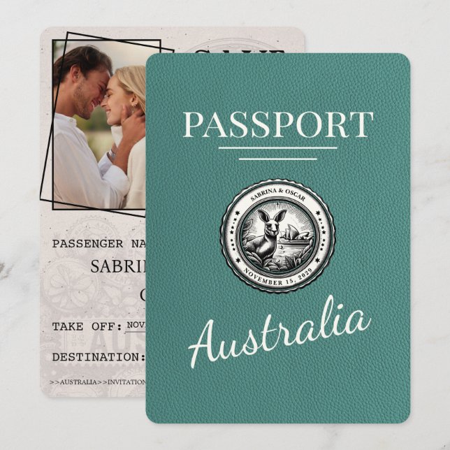 Save The Date Passeport Australien Turquoise Enregistrer La Date (Devant / Derrière)