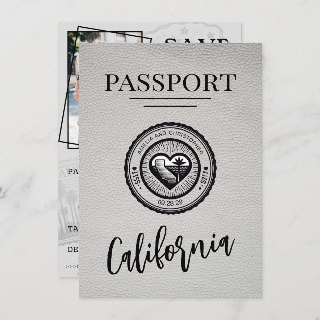 Save The Date Passeport De Californie Blanche Enregistrer La Dat (Devant / Derrière)