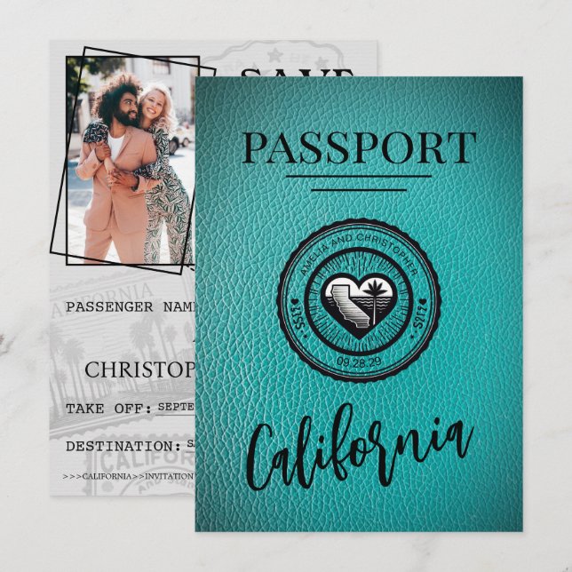 Save The Date Passeport De Californie turquoise Enregistrer La D (Devant / Derrière)