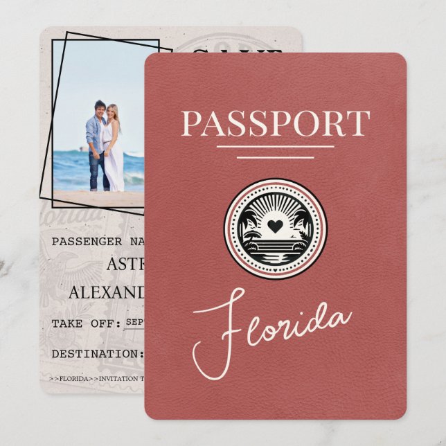 Save The Date Passeport De Floride De Bourgogne Lumière Enregist (Devant / Derrière)