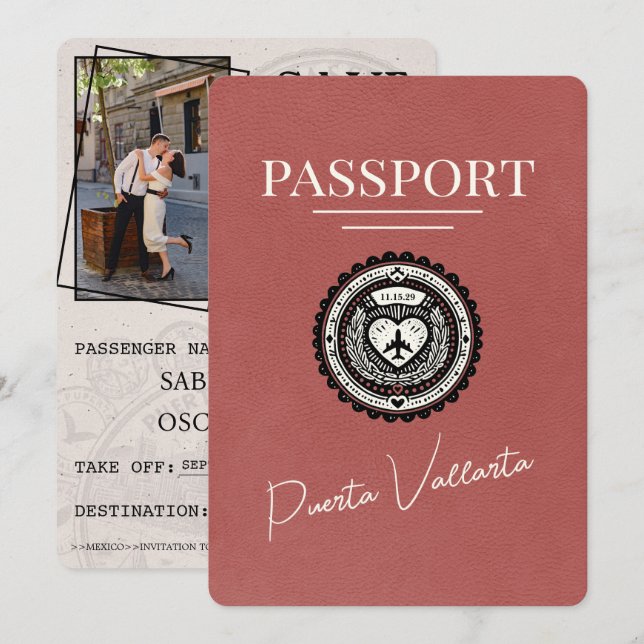 Save The Date Passeport de la Puerta Vallarta en Bourgogne (Devant / Derrière)