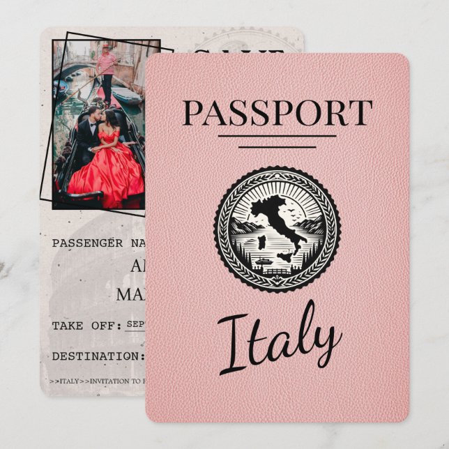 Save The Date Passeport d'Italie rose (Devant / Derrière)
