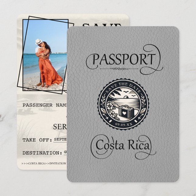 Save The Date Passeport du Costa Rica gris (Devant / Derrière)