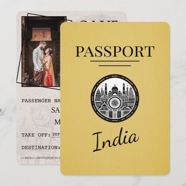 Save The Date Passeport Inde Jaune Enregistrer La Date (Devant / Derrière)