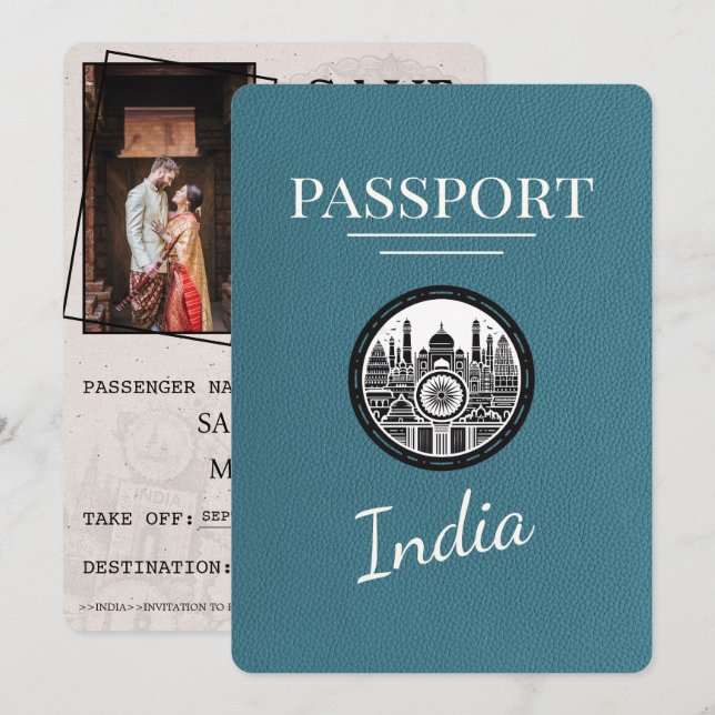 Save The Date Passeport Inde turquoise Enregistrer La Date (Devant / Derrière)