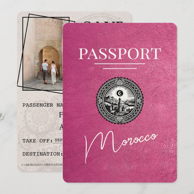 Save The Date Passeport Magenta Rose Maroc Enregistrer La Date (Devant / Derrière)