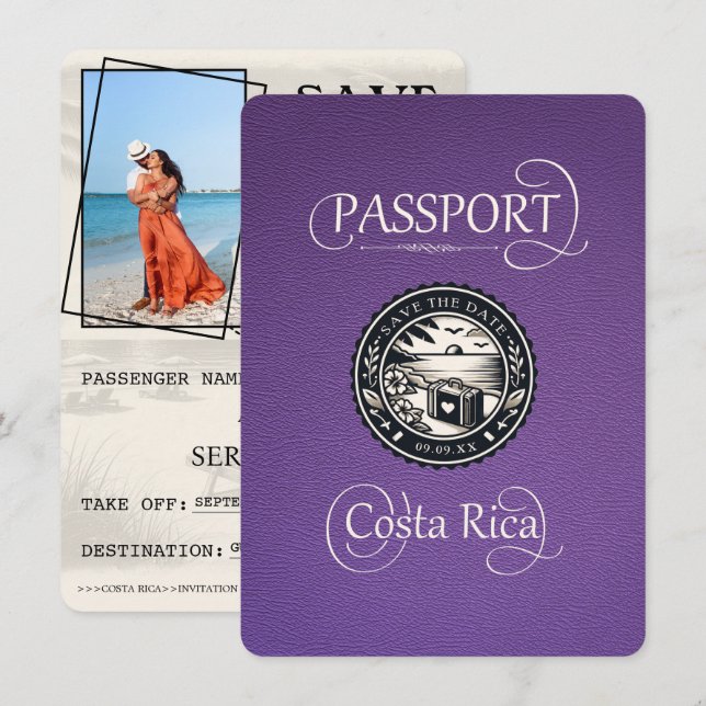 Save The Date Passeport pourpre du Costa Rica (Devant / Derrière)