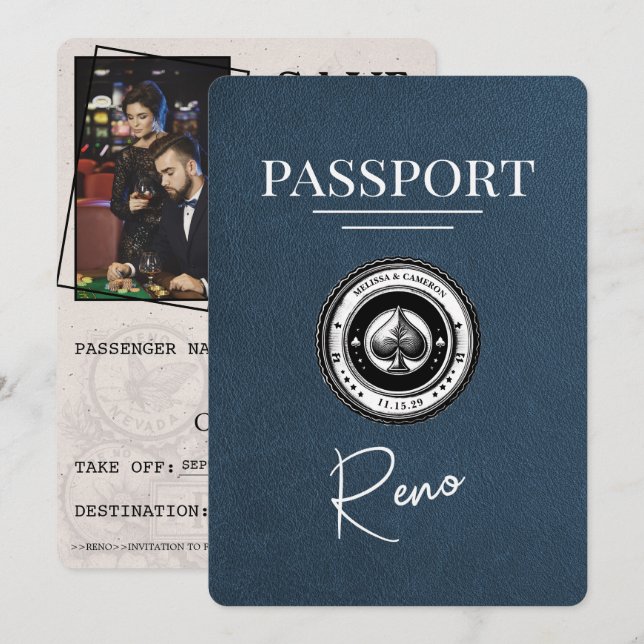 Save The Date Passeport Reno Bleu Marine Enregistrer La Date (Devant / Derrière)