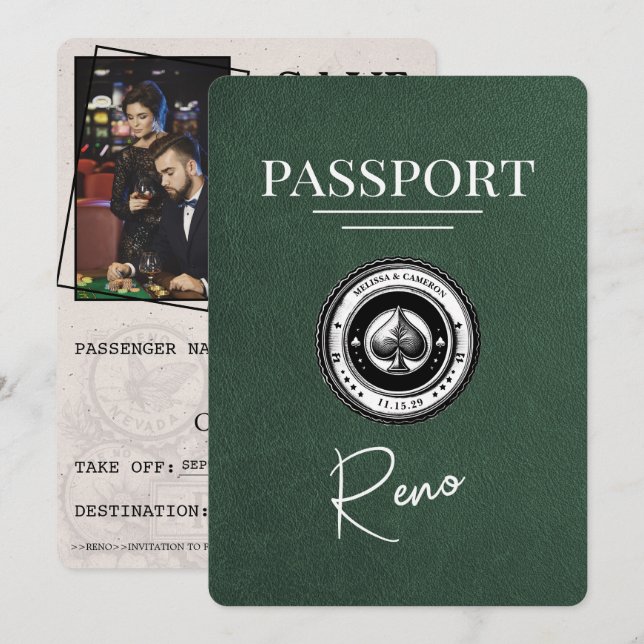 Save The Date Passeport Reno Vert Enregistrer La Date (Devant / Derrière)
