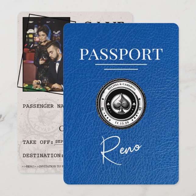 Save The Date Passeport Royal Blue Reno Enregistrer La Date (Devant / Derrière)
