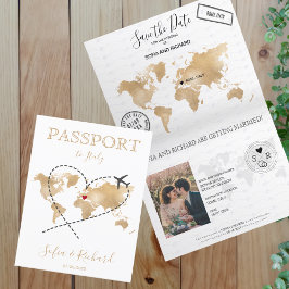 Save the Date Passport Gold Weltkarte Einladung